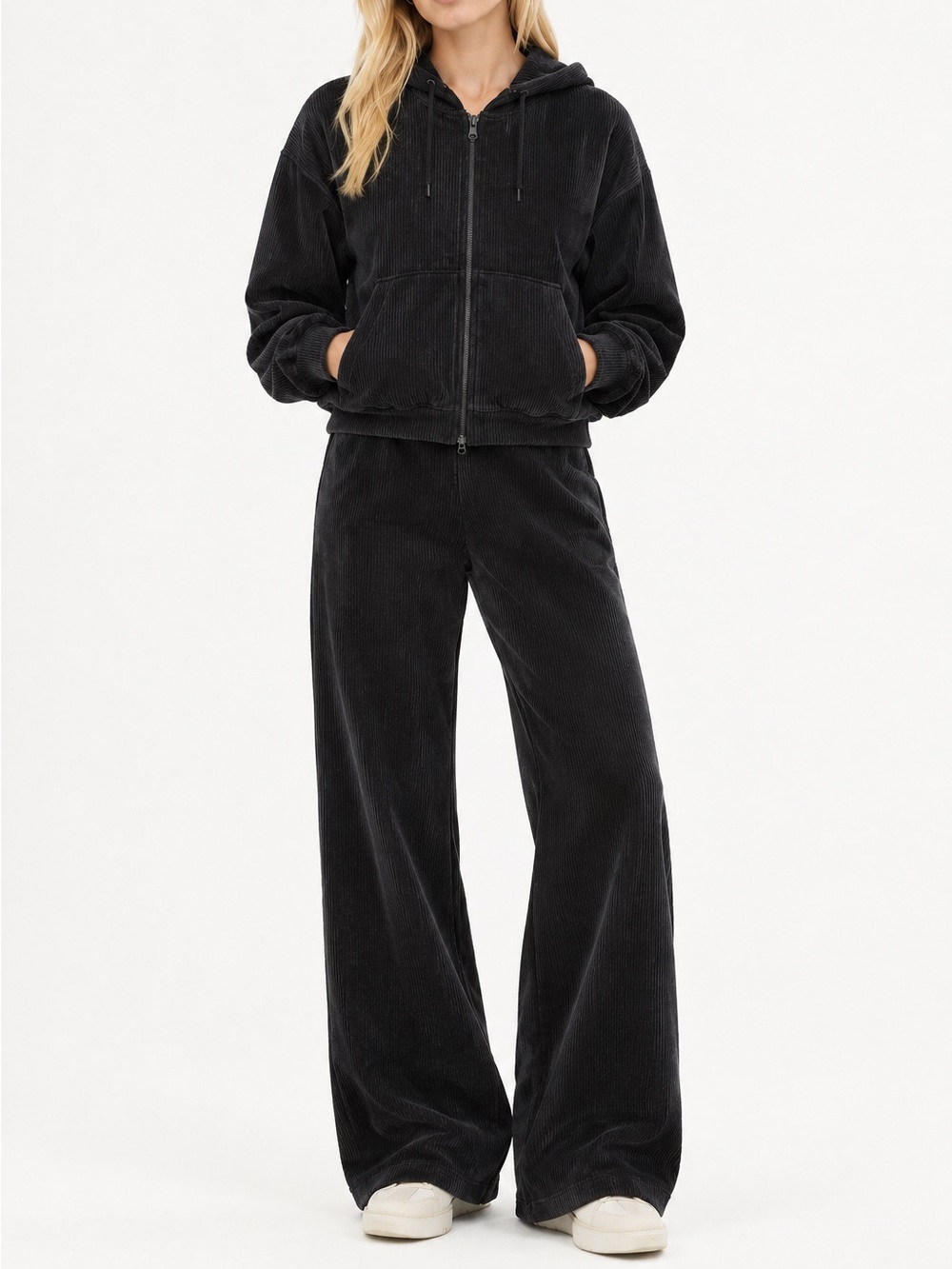 Marine Layer Blk Velour Corduroy Sweatsuit Wide Leg Pants M & Zip Front Hoodie L